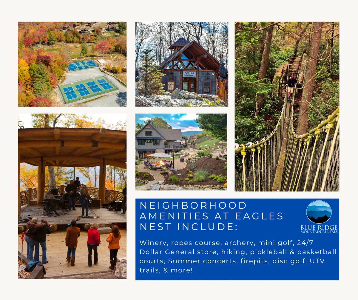 This image captures a lively outdoor concert stage, rustic cabins, ropes course, sports courts, and scenic trails. The setting is energetic, with groups of people enjoying live music, playing sports, and exploring the surrounding nature.